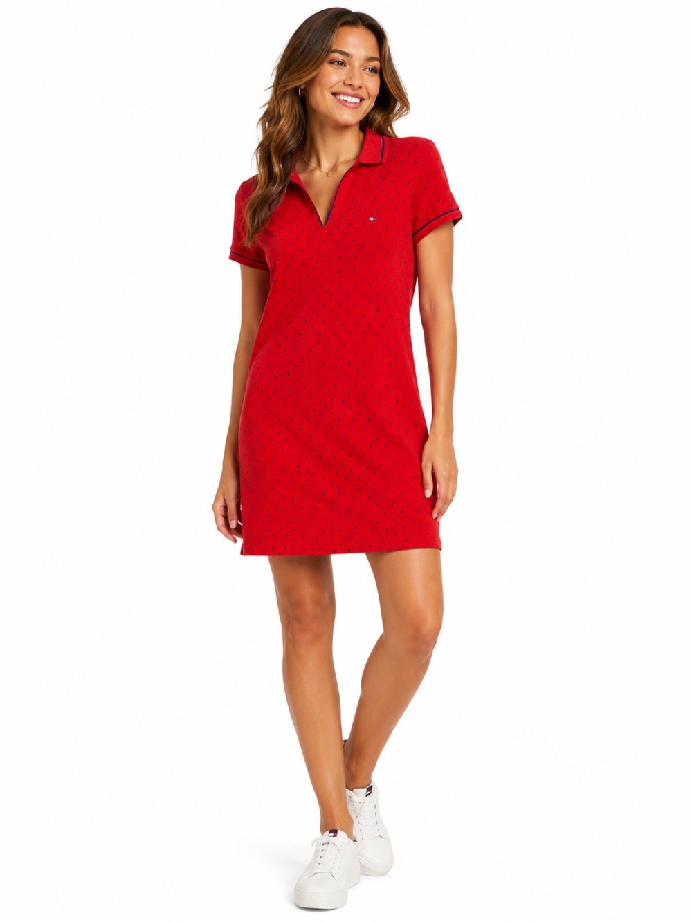 Tommy Hilfiger Red Navy Polka Dot Polo Shirt Dress XL Cotton Split Neck